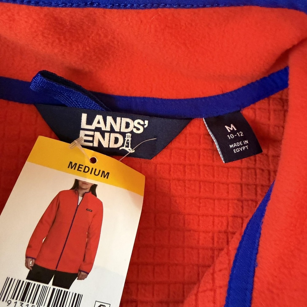 Lands' End Jacket Womens Medium Orange Fleece Full Zip Grid Knit Mid Length - Picture 5 of 9
